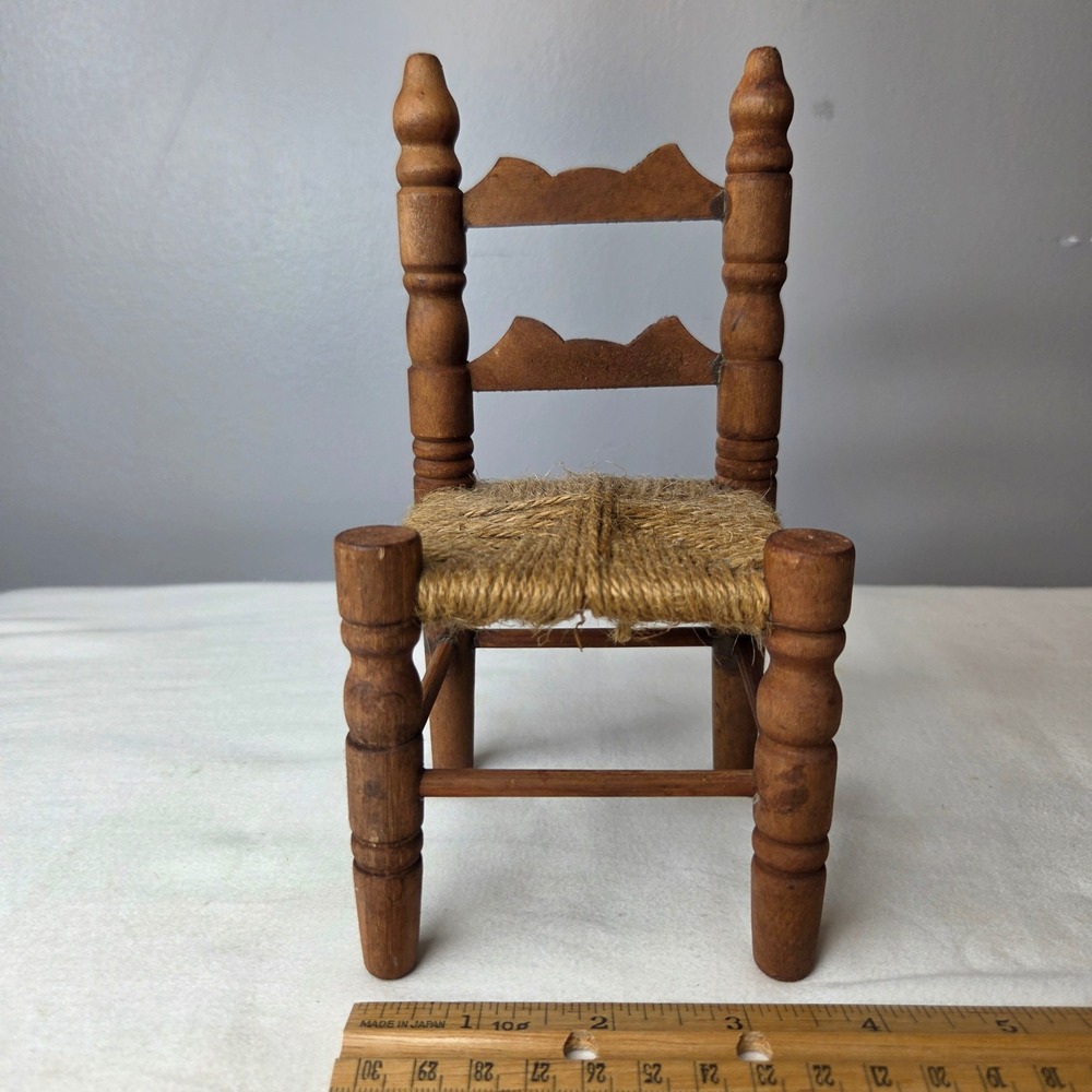 Miniature Rustic Wood Ladder Back Chair Woven Jute Seat Decorative Brown